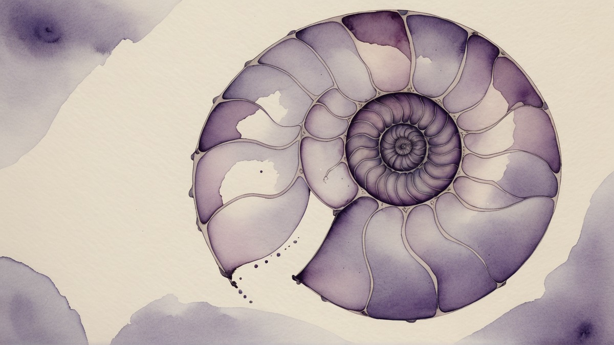 Ilustração em aquarela lilás e roxa de uma concha de náutilo, com a espiral de câmaras crescentes, sobre papel creme.