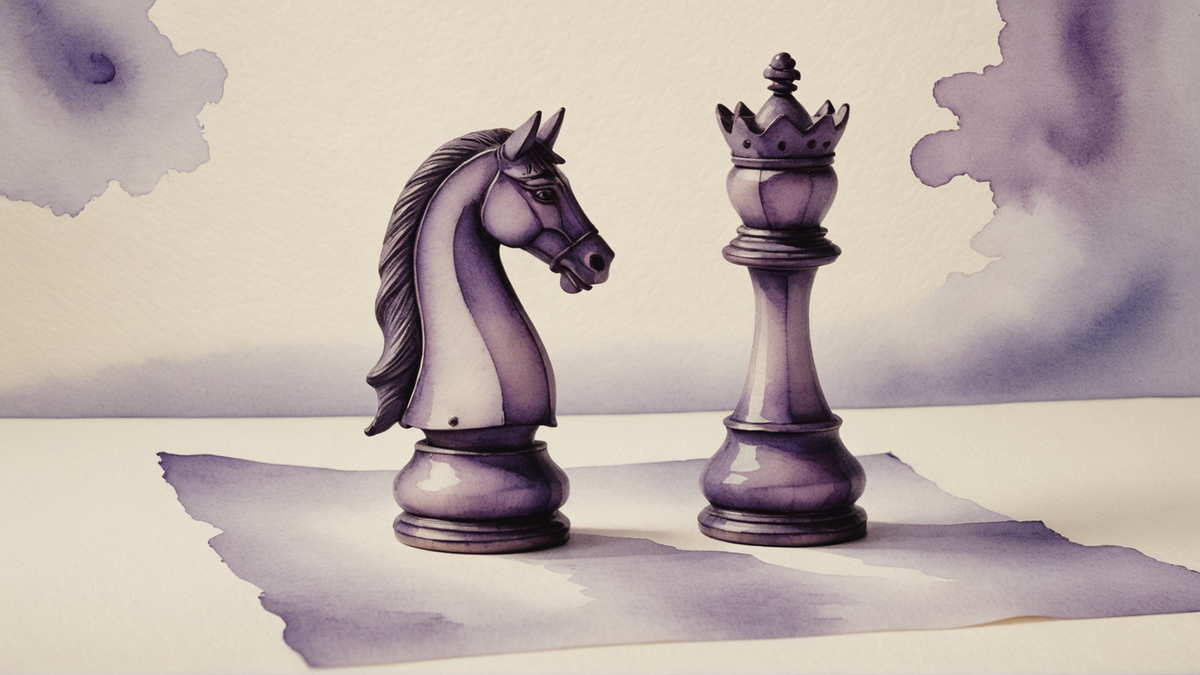 Ilustração em aquarela roxa e lilás de um cavalo de xadrez de madeira ao lado do rei, sobre papel creme com manchas lilás nos cantos.