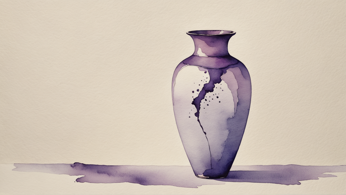 Ilustração em aquarela roxa e lilás de um vaso de cerâmica de pé, com uma rachadura fina que sobe pela lateral, sobre papel creme.