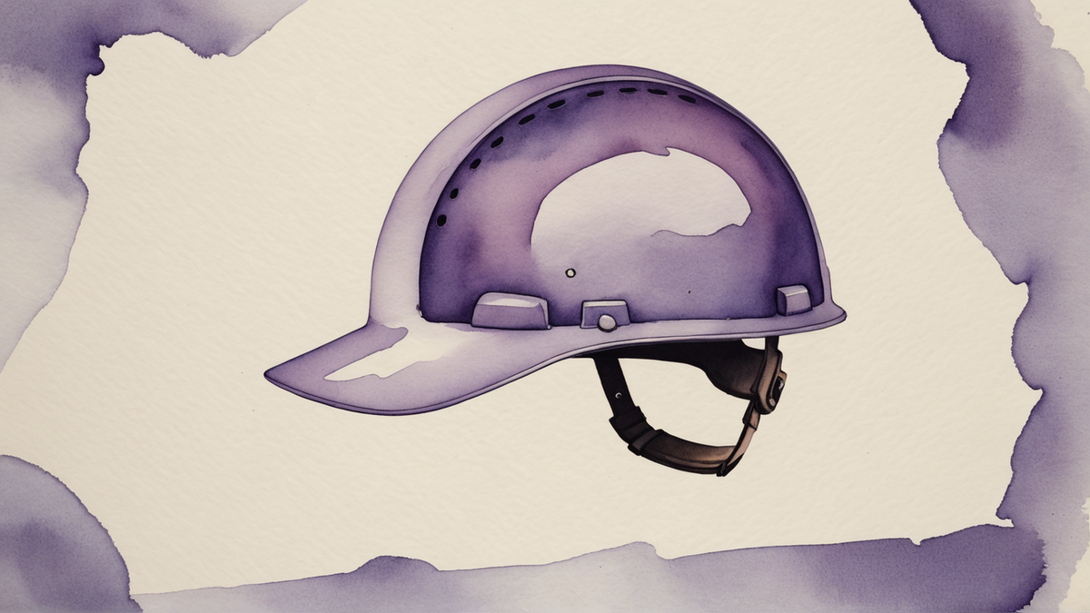 Ilustração em aquarela roxa e lilás de um capacete de obra visto de lado, com a jugular escura, flutuando entre nuvens lilás sobre papel creme.