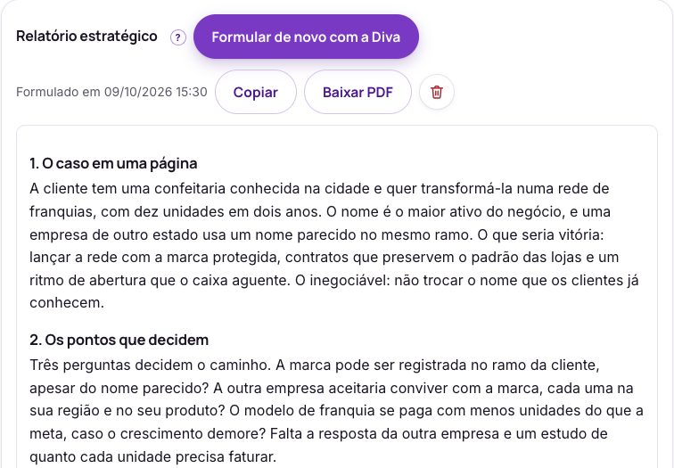 Tela do Direitivo com o relatório estratégico do caso inventado da rede de franquias, com as seções O caso em uma página e Os pontos que decidem.
