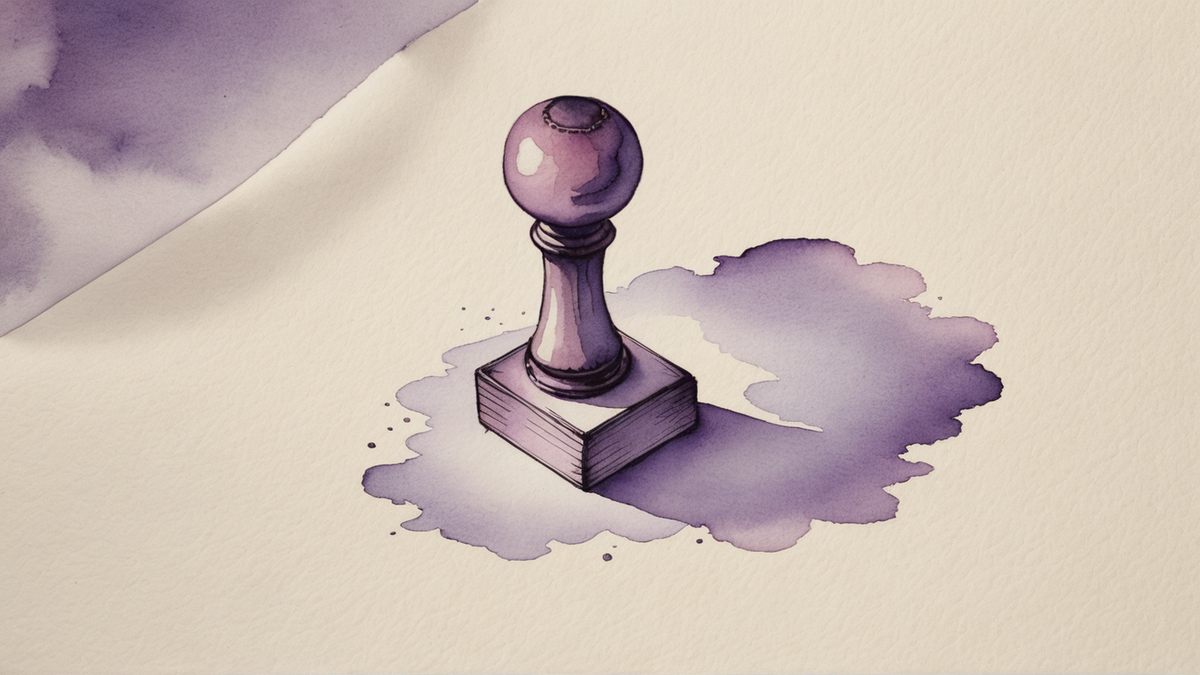 Ilustração em aquarela roxa de um carimbo de madeira de pé sobre a própria mancha de tinta, sobre papel creme.