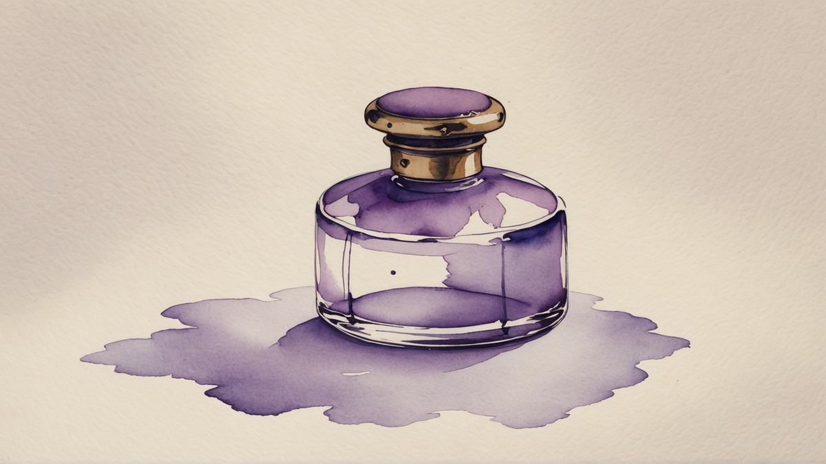 Ilustração em aquarela lilás e roxa de um tinteiro de vidro redondo com tinta violeta e tampa de latão, sobre papel creme.