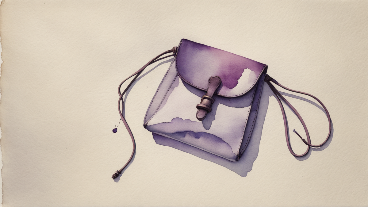 Ilustração em aquarela roxa e lilás de uma bolsinha de couro fechada, amarrada por um cordão, sobre papel creme.