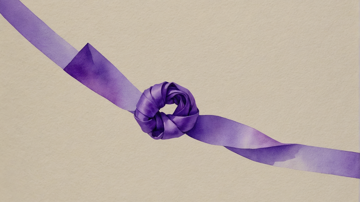 Fita larga de cetim roxo atravessando o quadro na diagonal, com um nó firme no meio, pintada em aquarela sobre papel creme.