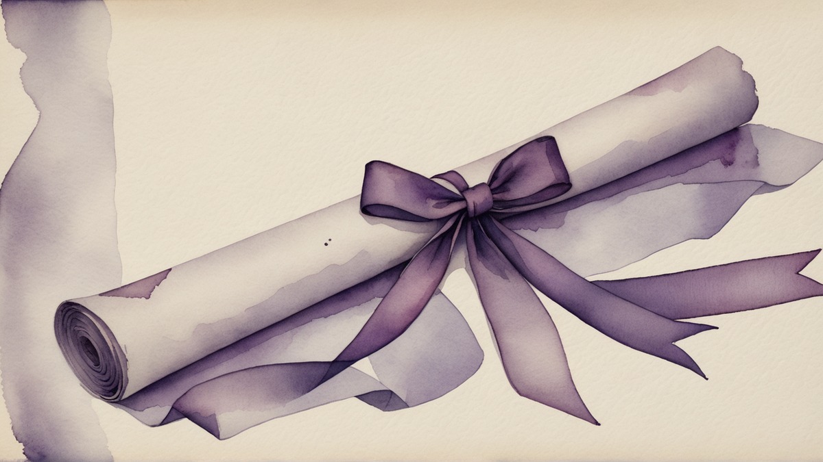 Ilustração em aquarela lilás e roxa de um pergaminho enrolado, amarrado por uma fita roxa em laço, sobre papel creme.