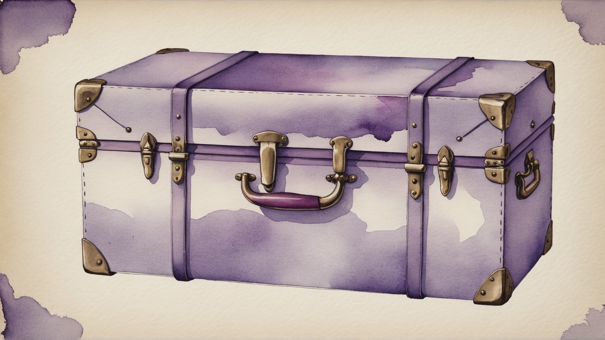 Ilustração em aquarela lilás e roxa de um baú de viagem fechado, com cintas lilás e cantoneiras de latão, sobre papel creme.