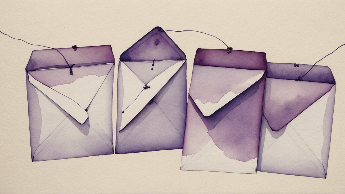 Ilustração em aquarela roxa de quatro envelopes idênticos, lado a lado, ligados por um fio, sobre papel creme.
