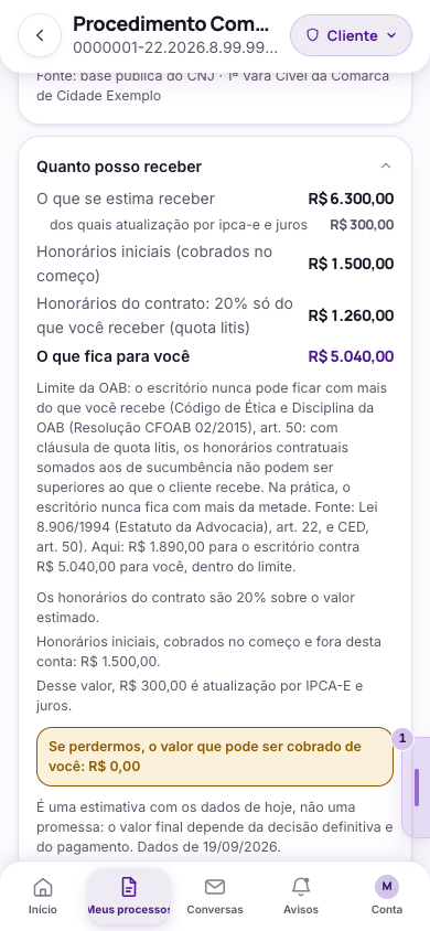 O valor líquido, com a memória do cálculo e a data-base