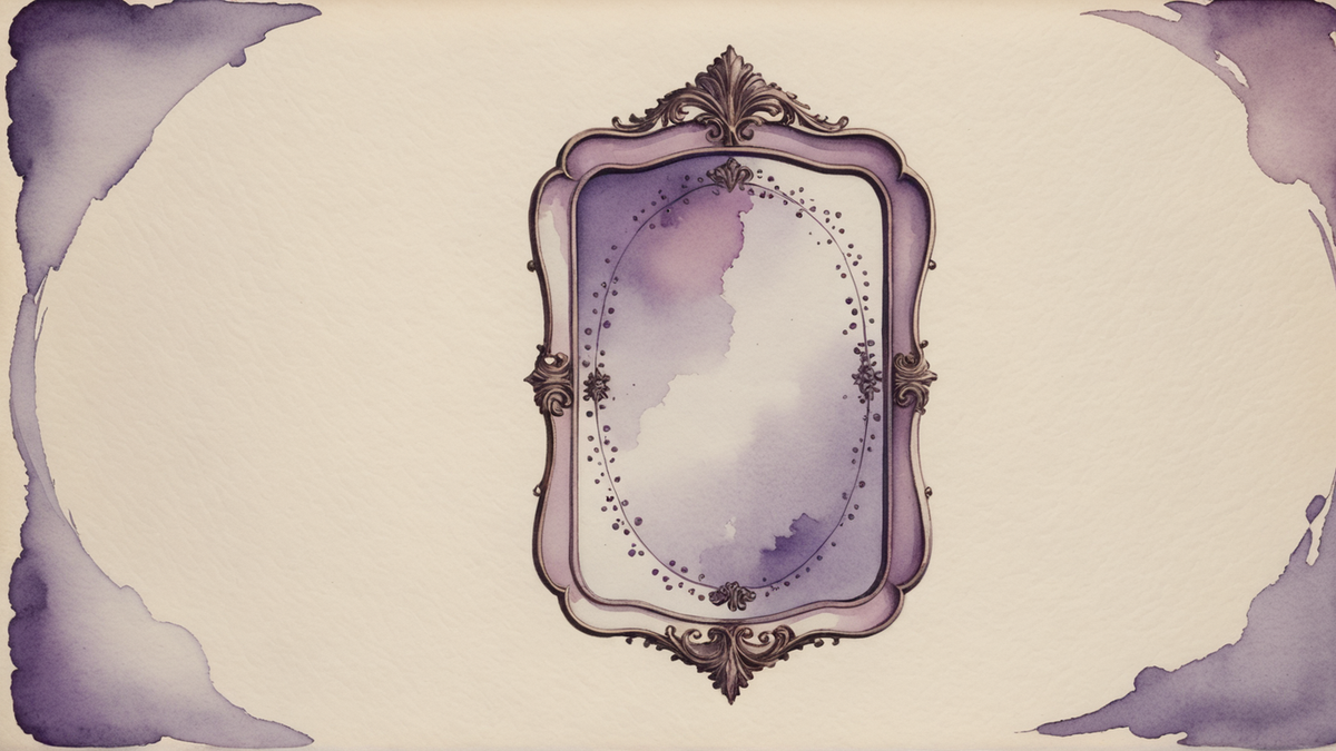 Ilustração em aquarela roxa de um espelho antigo de moldura trabalhada, refletindo nuvens lilás, sobre papel creme.