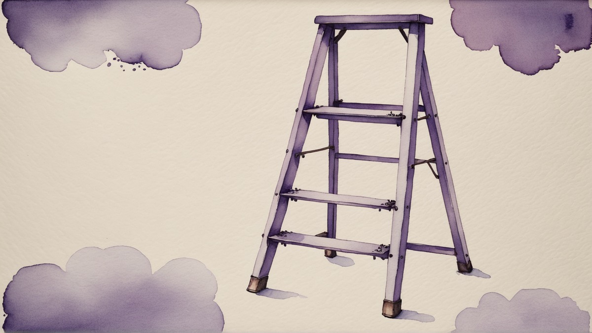 Ilustração em aquarela lilás e roxa de uma escada de mão de madeira, de pé, sobre papel creme.