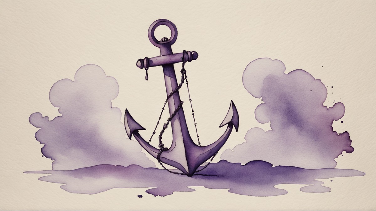 Ilustração em aquarela lilás e roxa de uma âncora de ferro antiga, inteira e centrada, sobre papel creme.