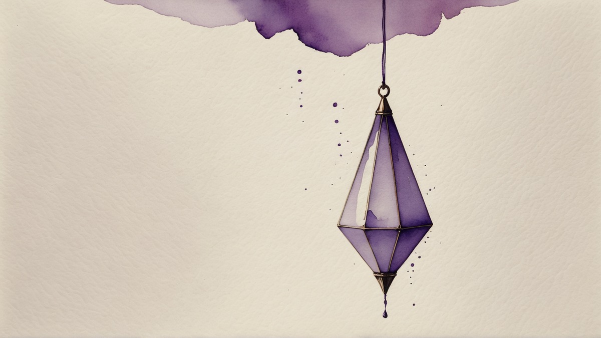 Ilustração em aquarela lilás e roxa de um prumo de pedreiro pendurado por um fio fino, sobre papel creme.