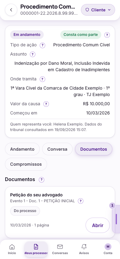 Documento do escritório e peça do processo, na mesma lista, com o rótulo simples e o nome técnico