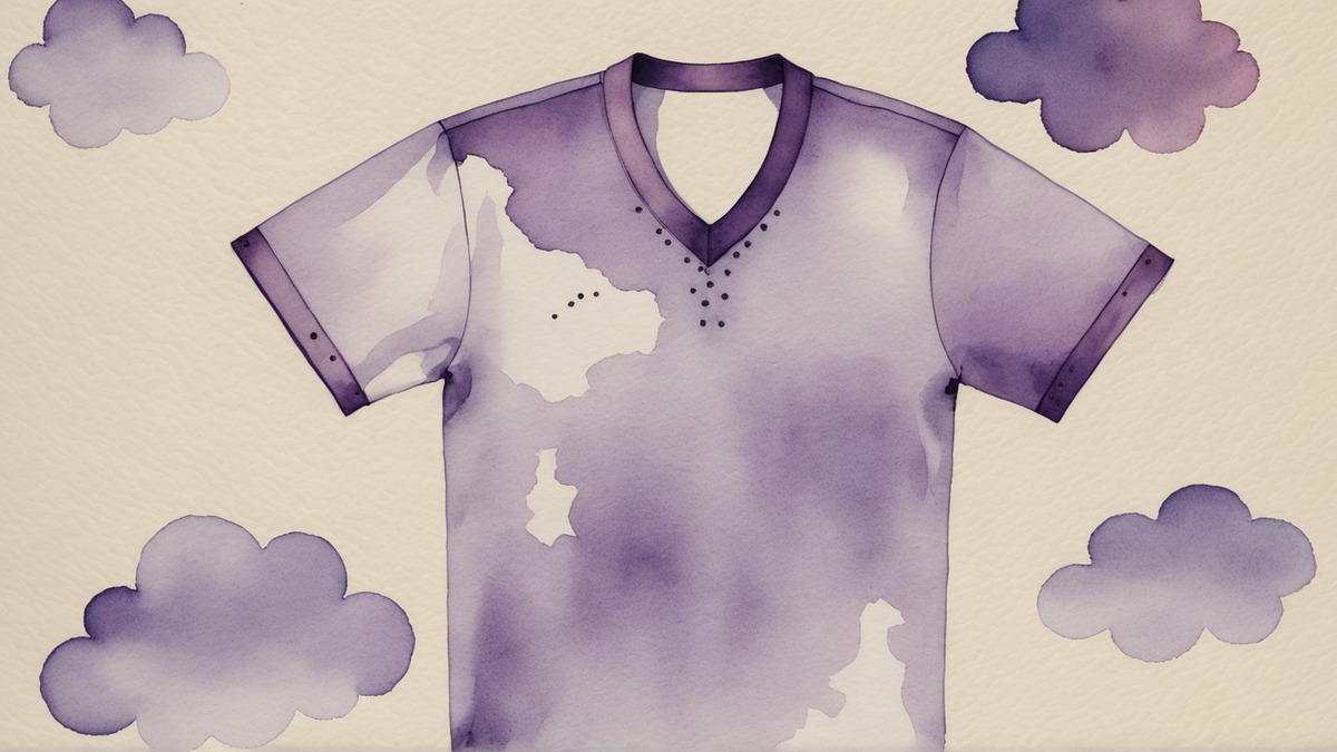 Ilustração em aquarela roxa e lilás de uma camisa esportiva lisa, de gola em V, sem escudo nem patrocínio, entre nuvens lilás, sobre papel creme.