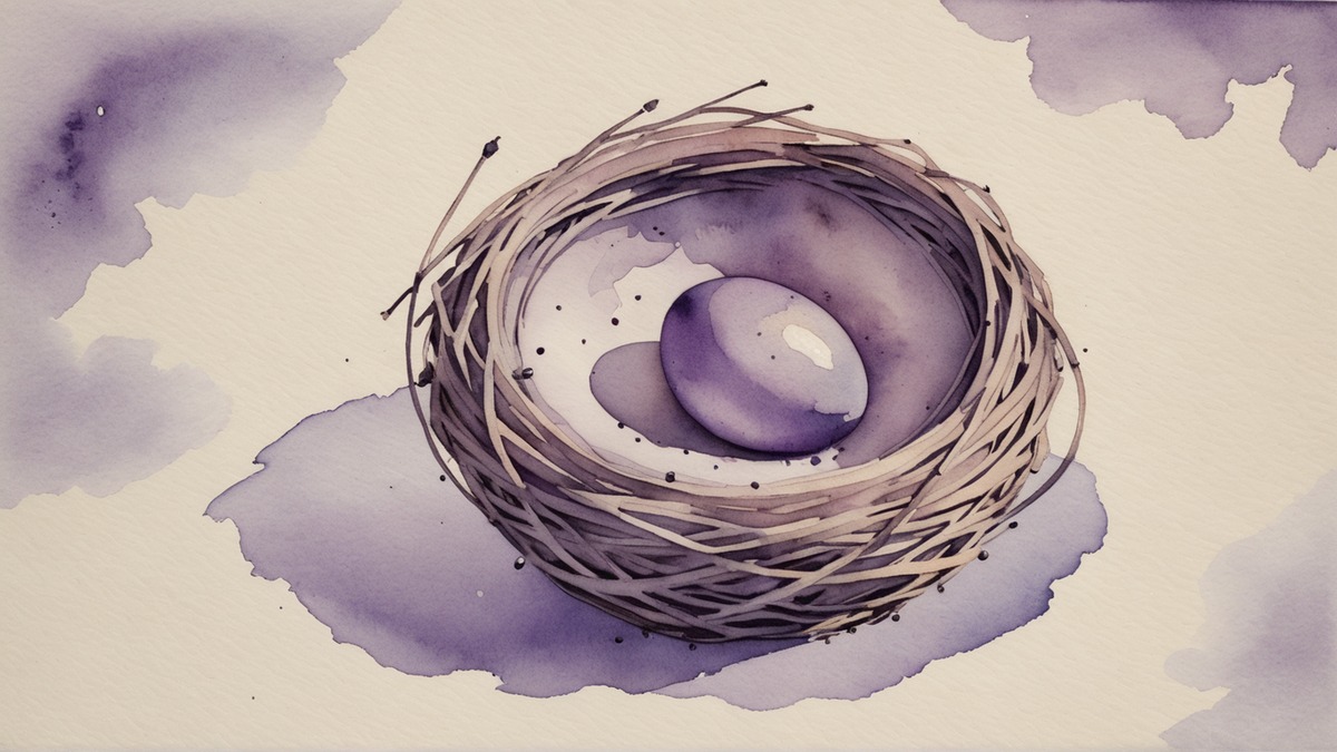 Ilustração em aquarela lilás e roxa de um ninho de palha trançada com um único ovo lilás, sobre papel creme.