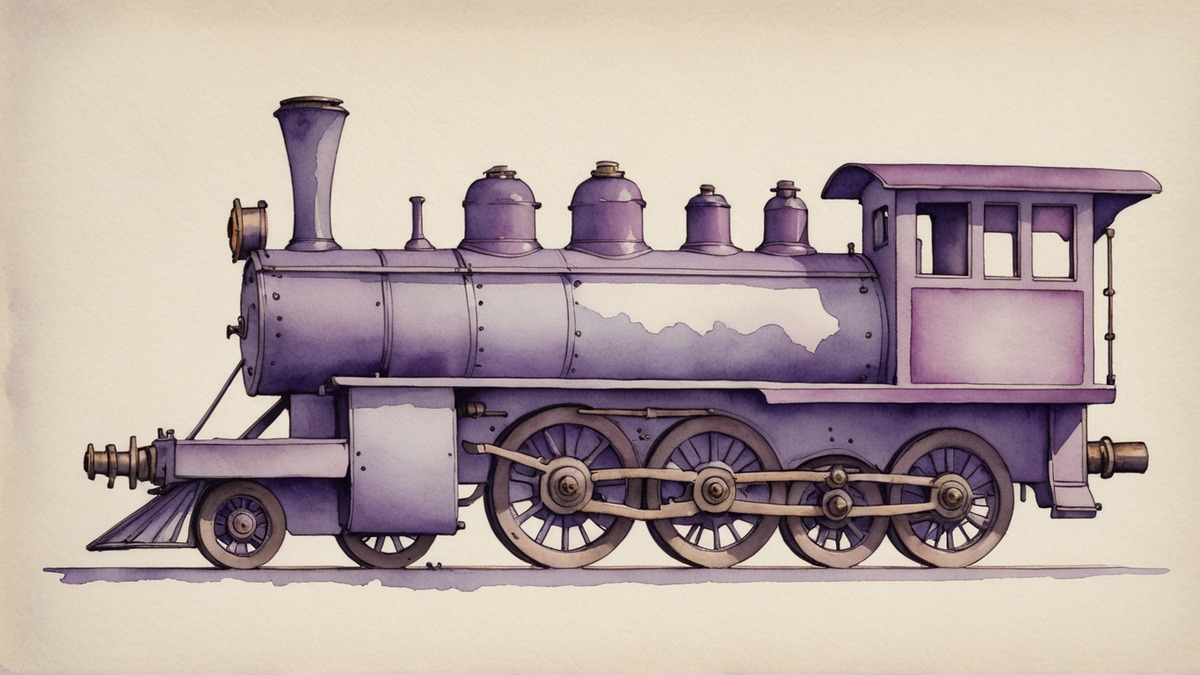 Ilustração em aquarela lilás e roxa de uma locomotiva a vapor vista de perfil, sobre papel creme.