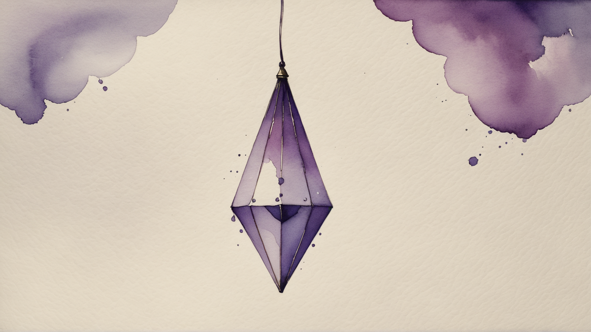 Ilustração em aquarela roxa e lilás de um prumo de pedreiro pendurado por um fio fino, sobre papel creme.