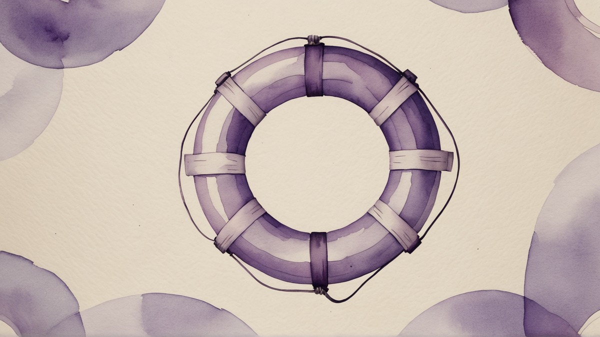 Ilustração em aquarela lilás e roxa de uma boia salva-vidas circular com faixas roxas, sobre papel creme.