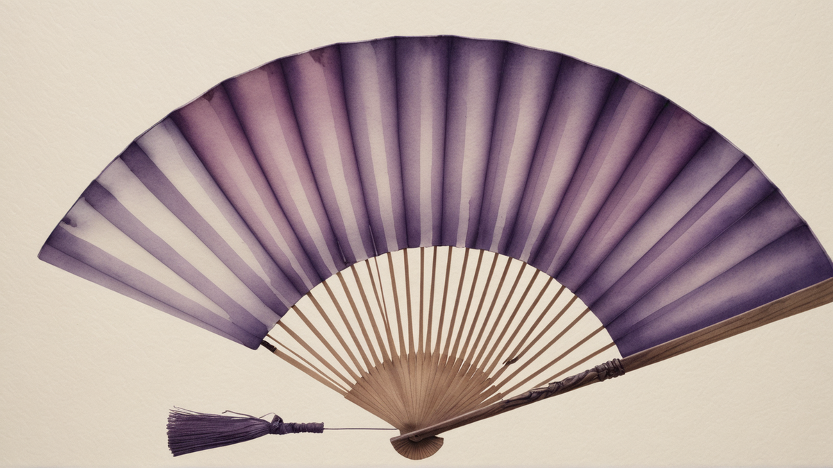 Leque dobrável meio aberto, pintado em aquarela: tecido roxo entre as varetas de madeira clara, com borla pendendo do eixo.