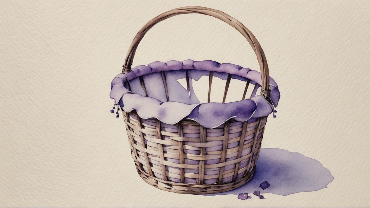 Ilustração em aquarela lilás e roxa de uma cesta de vime vazia, com alça em arco e forro lilás, sobre papel creme.