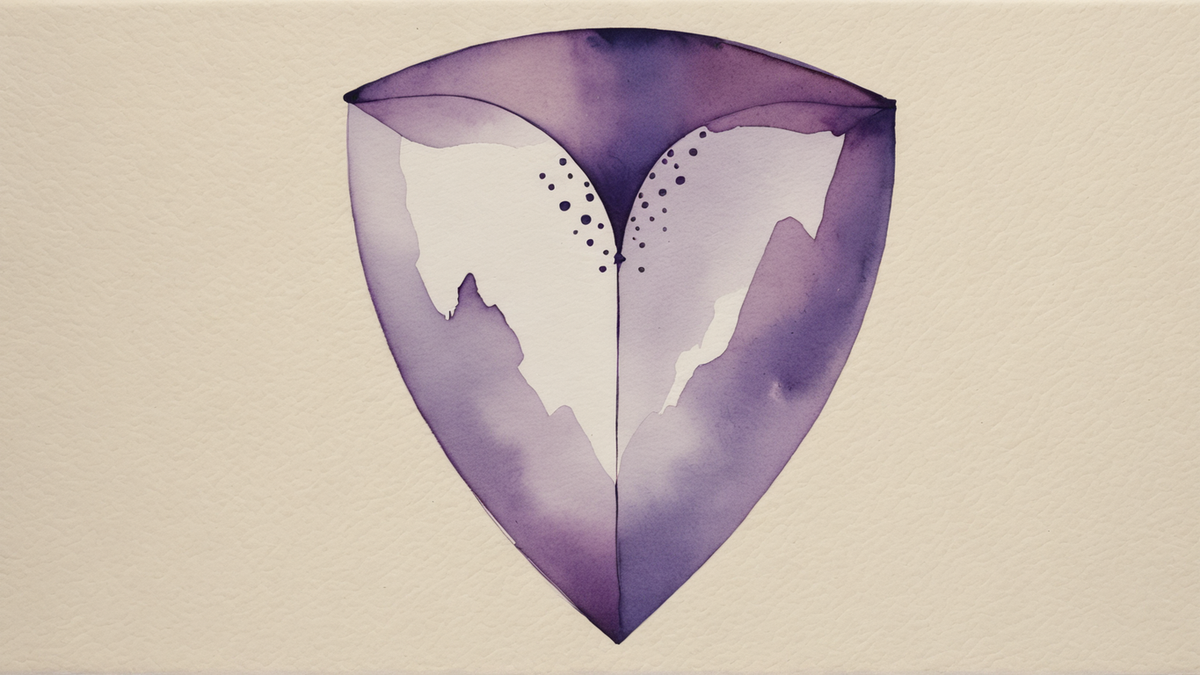 Ilustração em aquarela roxa e lilás de um escudo liso, sem brasão, sobre papel creme.