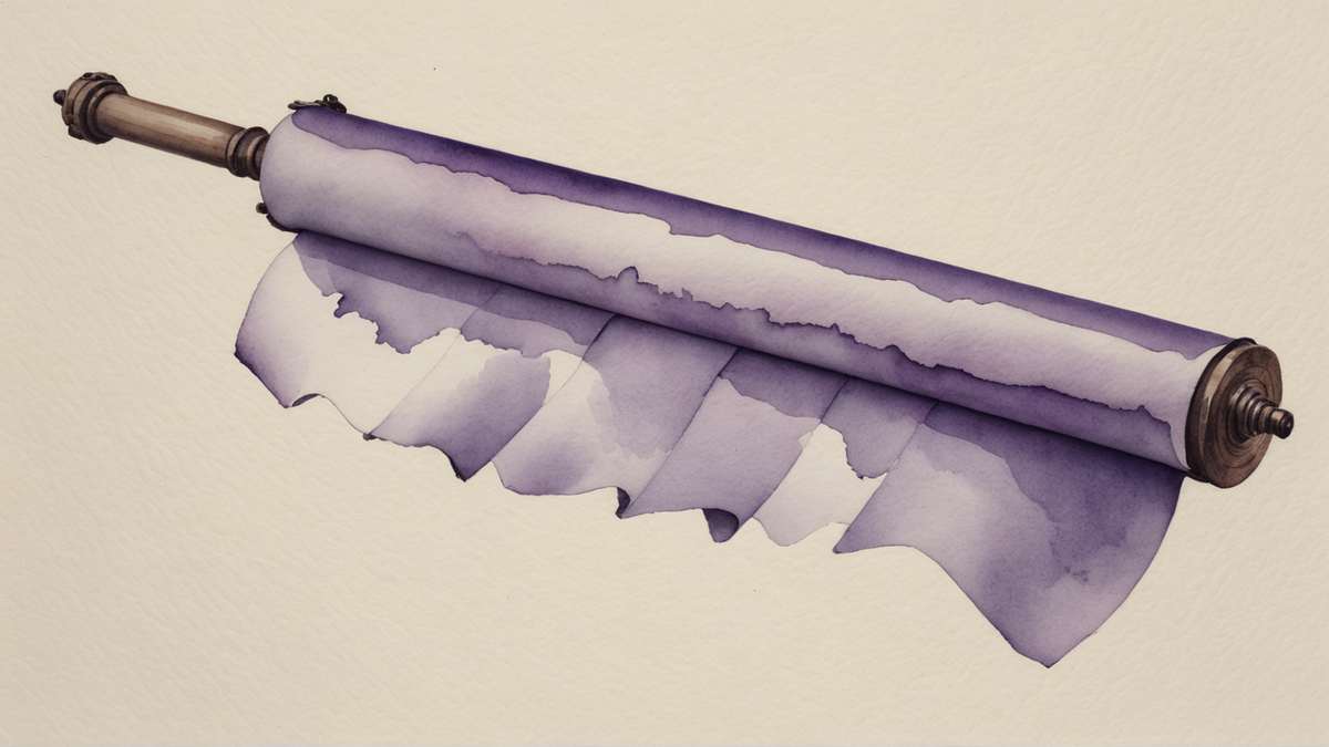 Rolo de papel desenrolando na horizontal, pintado em aquarela, com a folha em lavagens de roxo e as hastes de latão nas pontas, sem nenhuma palavra escrita.