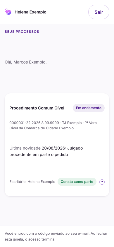 O escritório e o botão Sair em cima; cada cartão diz o tipo de ação, a situação, a última novidade e como o Direitivo sabe que o processo é seu