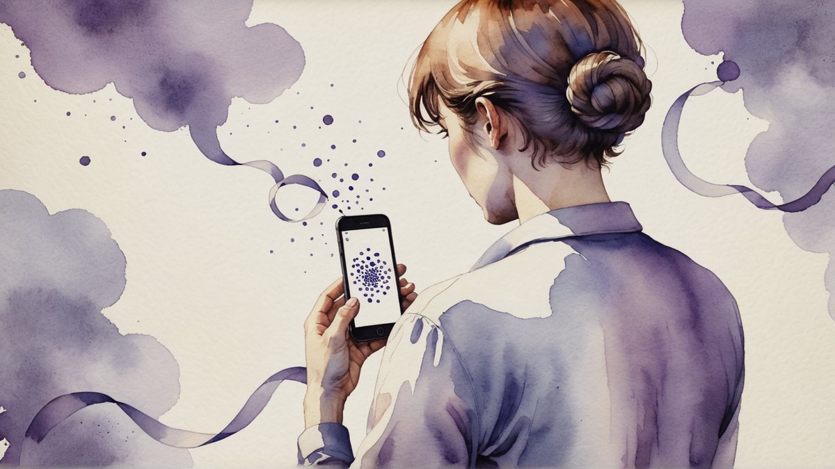 Pessoa de costas olhando o celular, com a linha do tempo do processo saindo da tela como um caminho aquarelado
