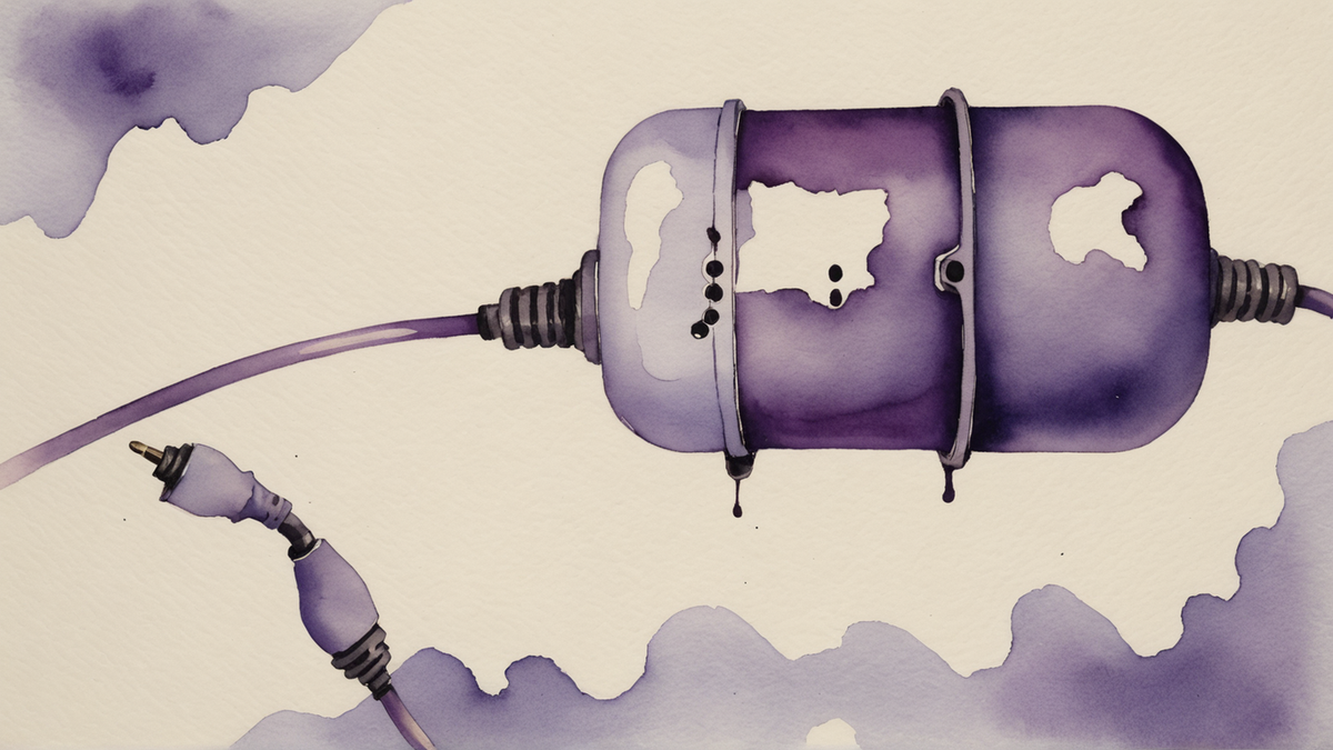 Plugue elétrico antigo desligado, pintado em aquarela: corpo cilíndrico roxo, anéis de latão e o fio solto de cada lado.