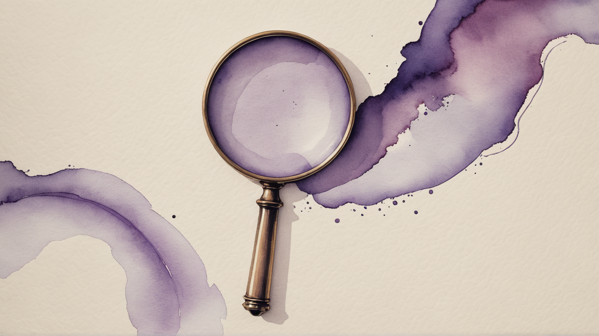 Ilustração em aquarela de uma lupa de latão sobre papel creme, com manchas roxas e lilás.
