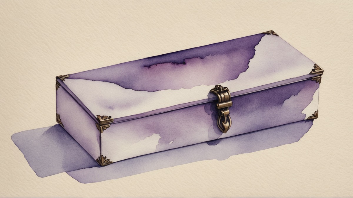 Ilustração em aquarela lilás e roxa de um estojo de madeira fechado, com tampa lilás e fecho de latão, sobre papel creme.