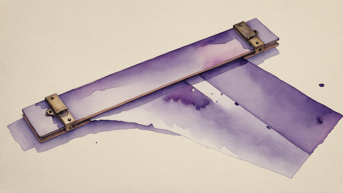 Régua dobrável de madeira pintada de roxo, aberta em ângulo na dobradiça de latão, pintada em aquarela sobre papel creme.