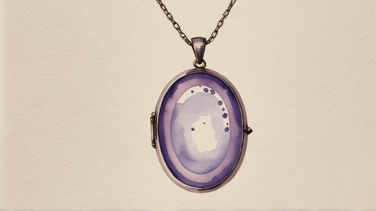 Medalhão oval fechado, pintado em aquarela: tampa de esmalte violeta com aro de latão e a charneira à vista.