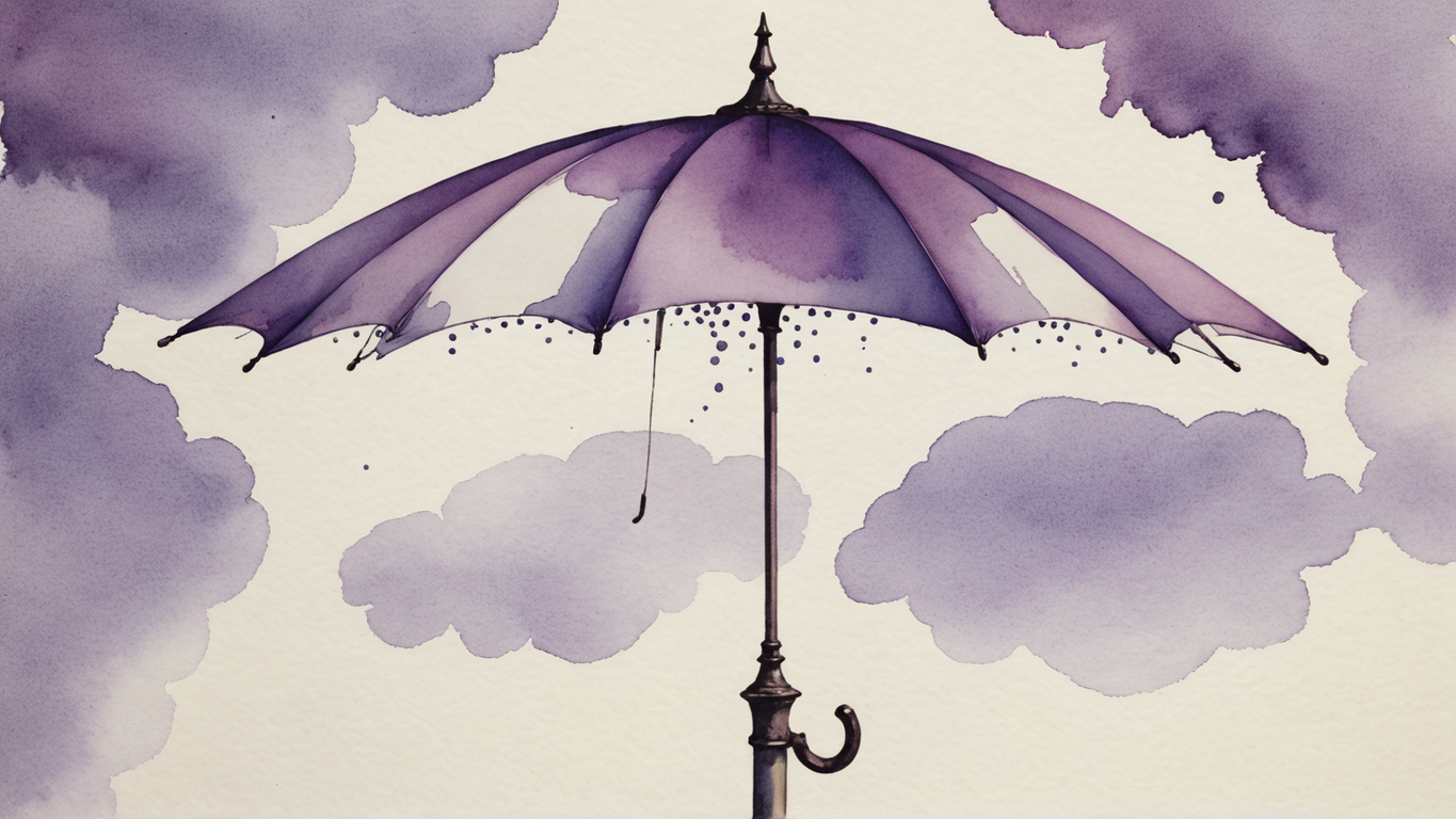 Guarda-chuva aberto visto de frente, pintado em aquarela: cúpula em lavagens de roxo e lilás com gotas escuras caindo da borda, haste e cabo curvo escuros, entre nuvens lilás sobre papel creme