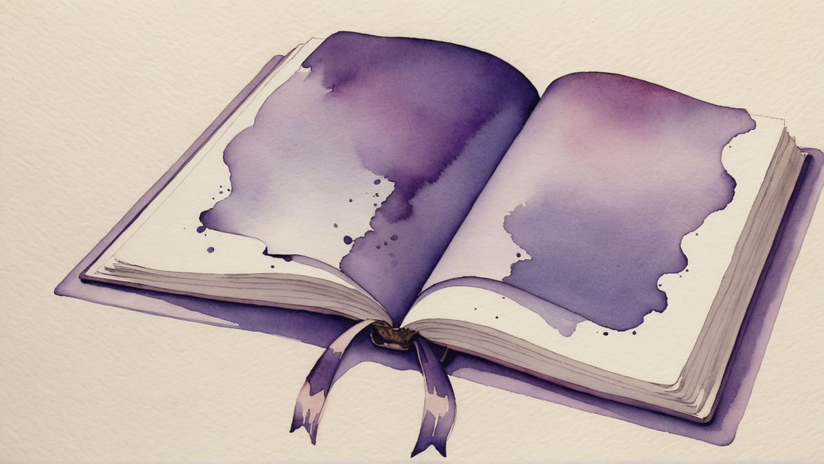 Livro aberto visto de cima em ângulo, pintado em aquarela: capa de tecido roxo, páginas creme abertas em leque e um marcador de fita atravessando.