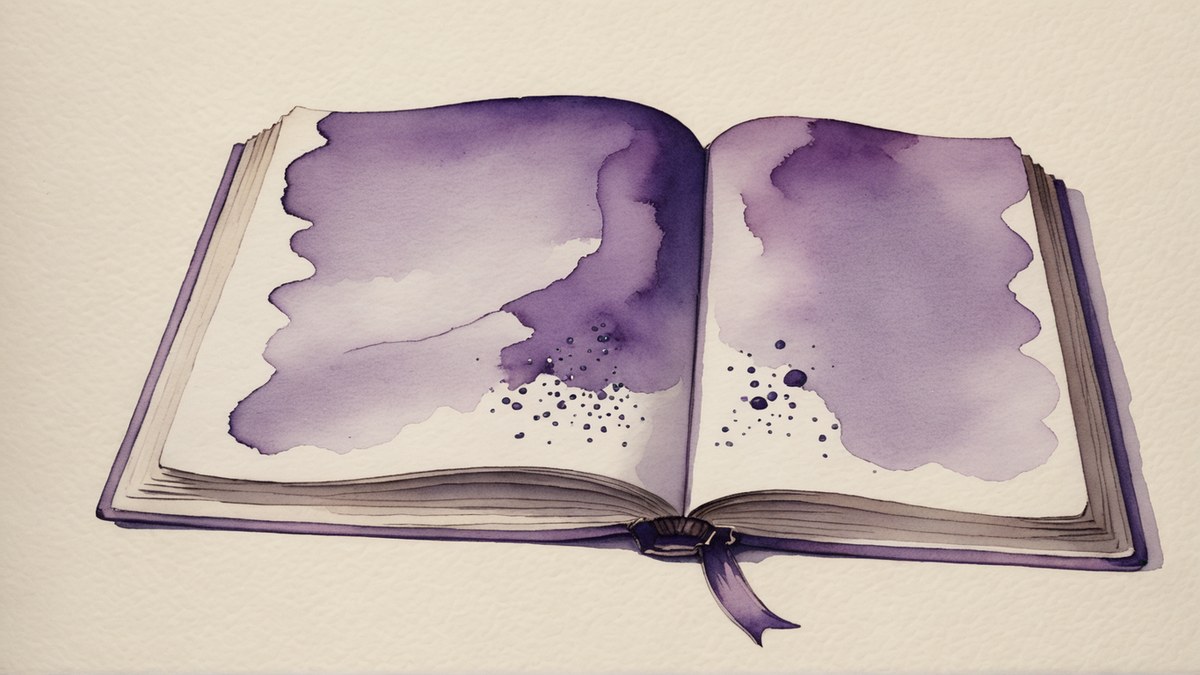 Aquarela roxa e lilás de um livro aberto com capa de tecido violeta, sobre papel creme.