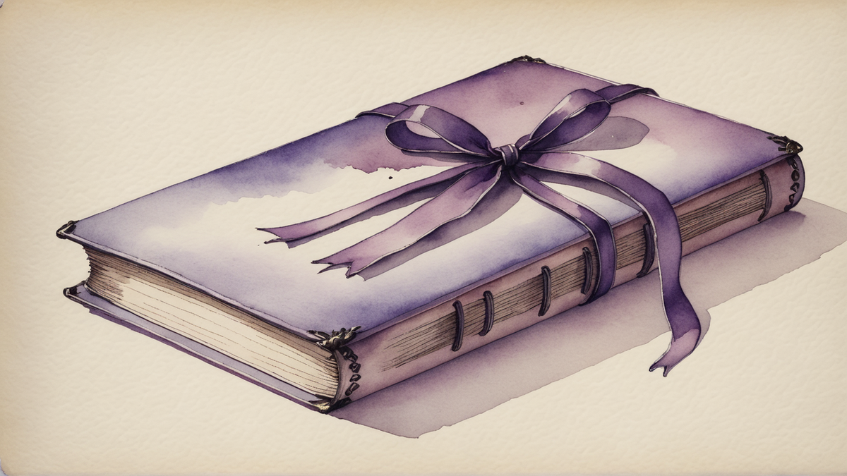 Ilustração em aquarela roxa de um livro antigo encadernado em couro, fechado e amarrado por uma fita, sobre papel creme.