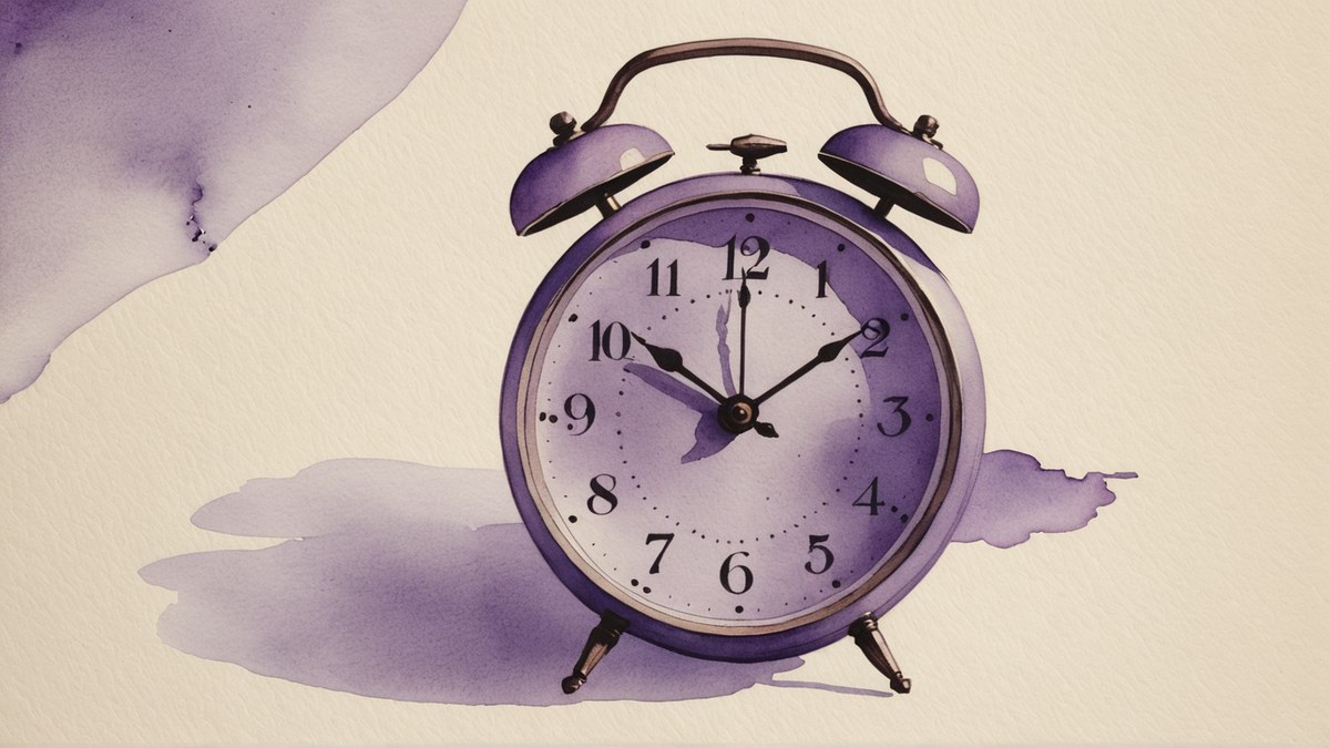 Aquarela roxa e lilás de um despertador antigo de caixa violeta, com dois sinos, sobre papel creme.
