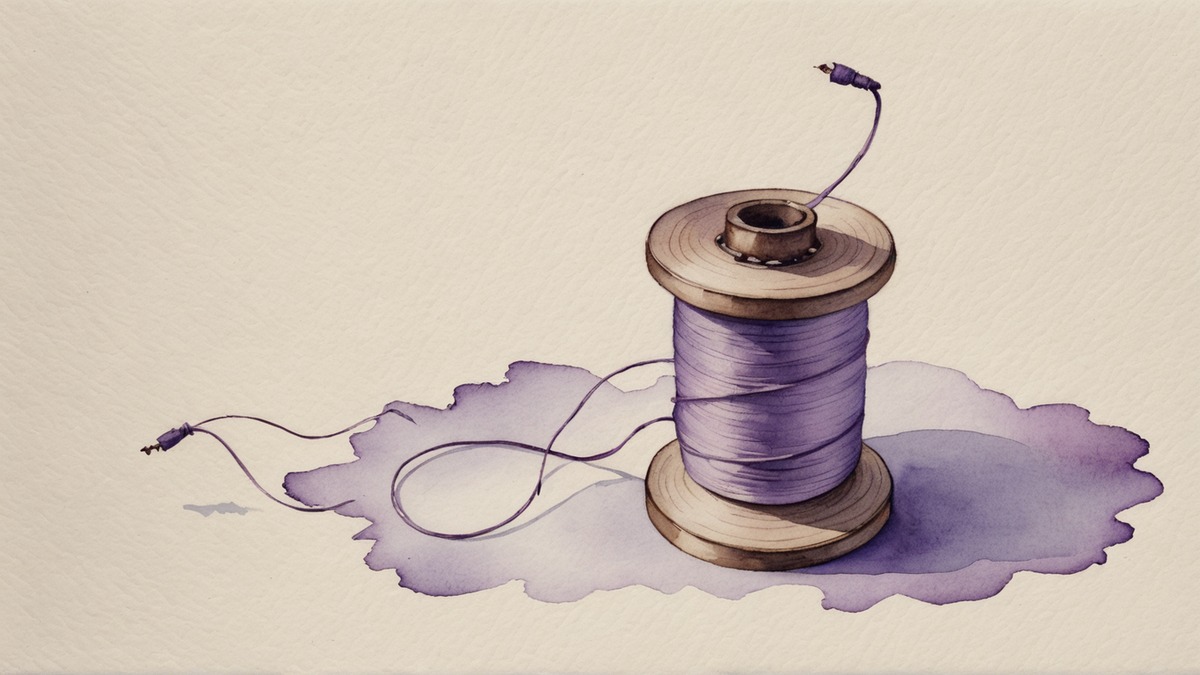 Ilustração em aquarela lilás e roxa de um carretel de madeira enrolado com fio lilás, sobre papel creme.