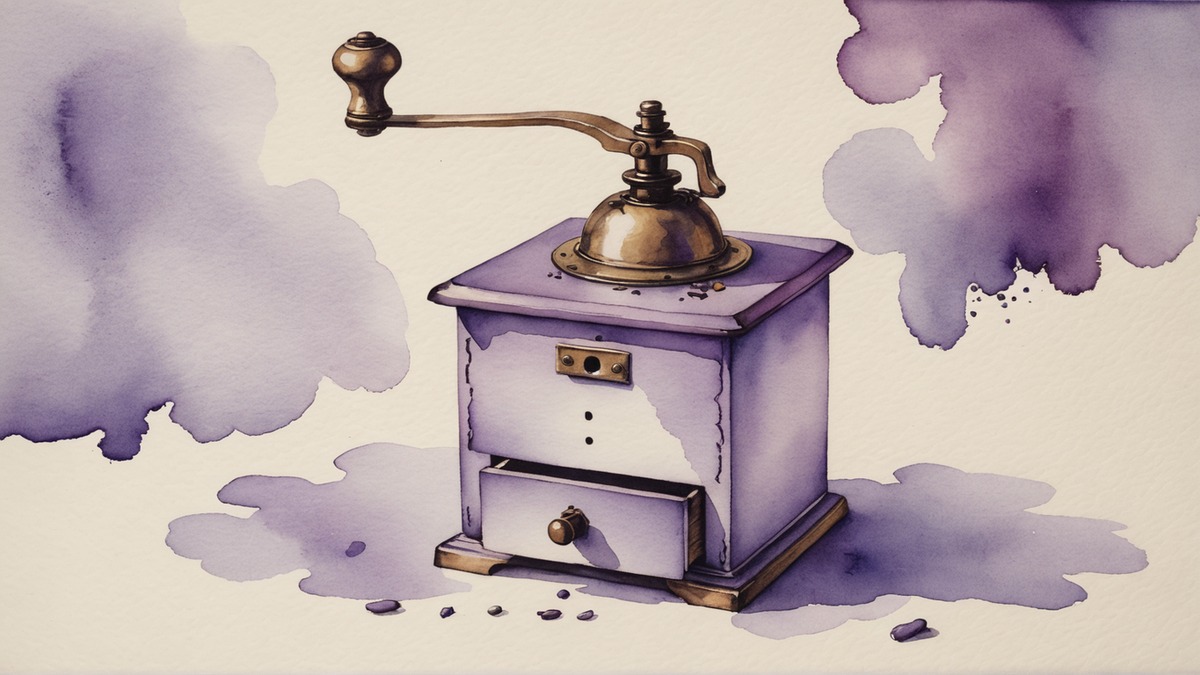 Ilustração em aquarela lilás e roxa de um moedor de café manual de madeira pintado de lilás, com manivela de latão, sobre papel creme com nuvens lilás.