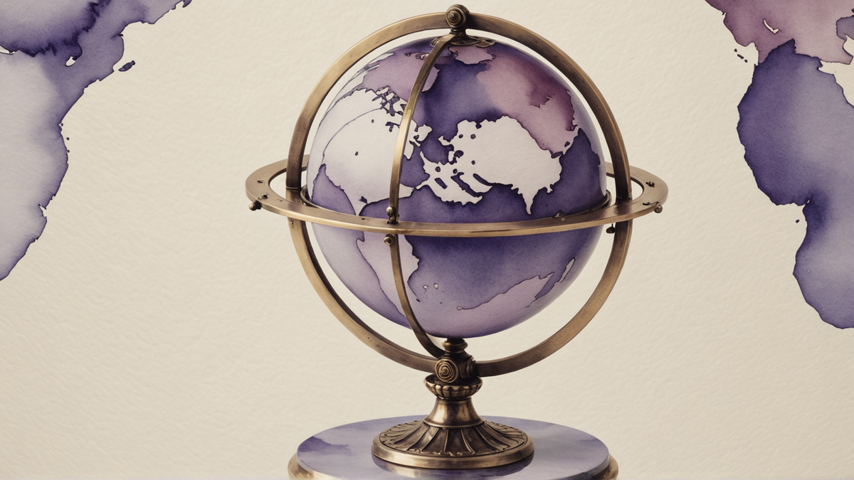 Globo terrestre em suporte armilar, pintado em aquarela: esfera com continentes em lavagem violeta e aros de latão em volta.
