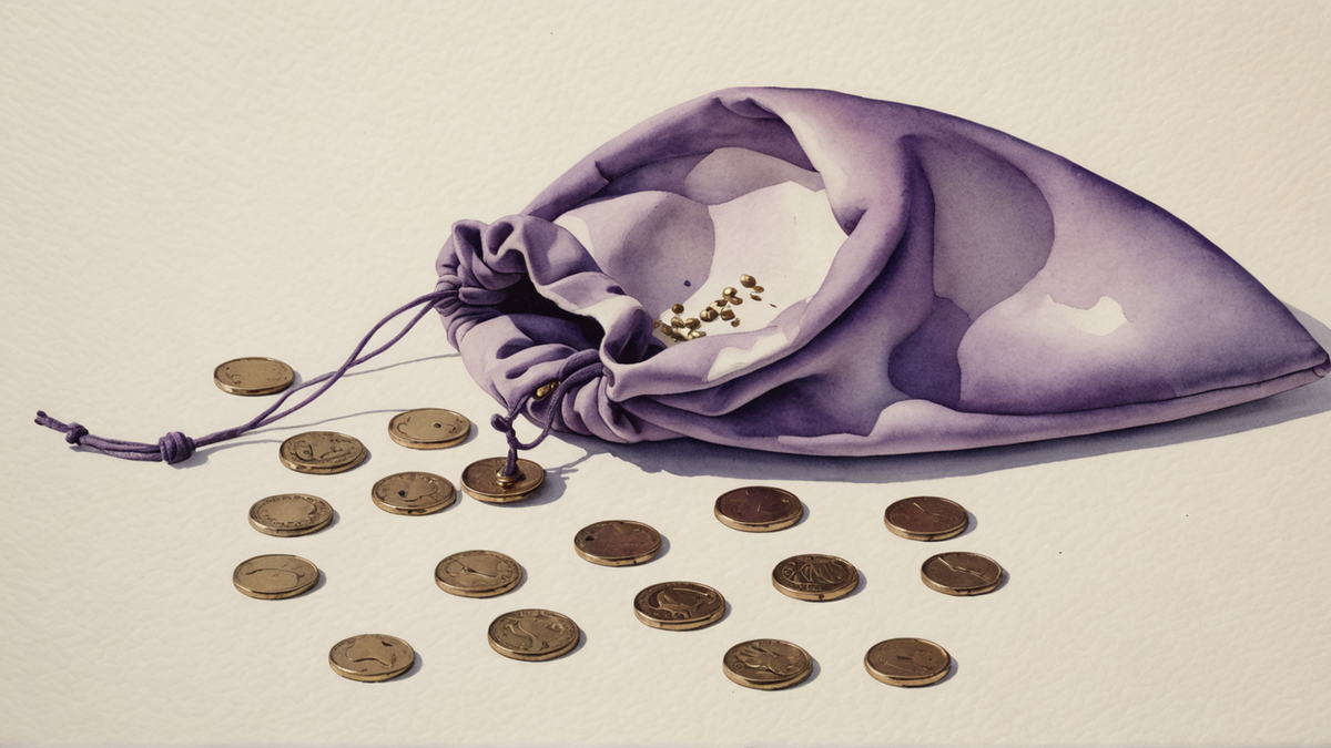 Bolsa de veludo roxo com cordão, caída de lado, e moedas de latão espalhadas ao redor, pintadas em aquarela.