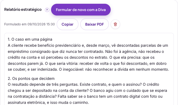 Tela do Direitivo com o relatório estratégico de um caso inventado de descontos de empréstimo consignado não contratado, com os botões Copiar e Baixar PDF e as seções O caso em uma página e Os pontos