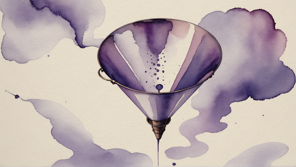 Ilustração em aquarela roxa e lilás de um funil de metal, sobre papel creme com nuvens lilás.