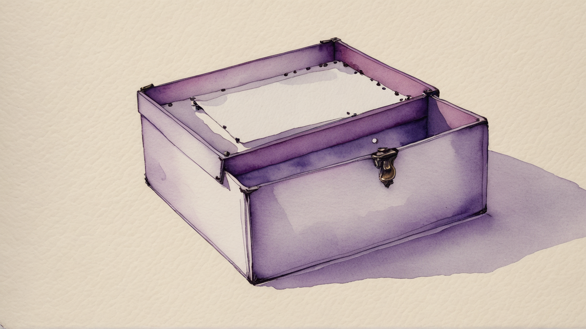 Ilustração em aquarela roxa de um fichário de madeira aberto, com fichas dentro, sobre papel creme.