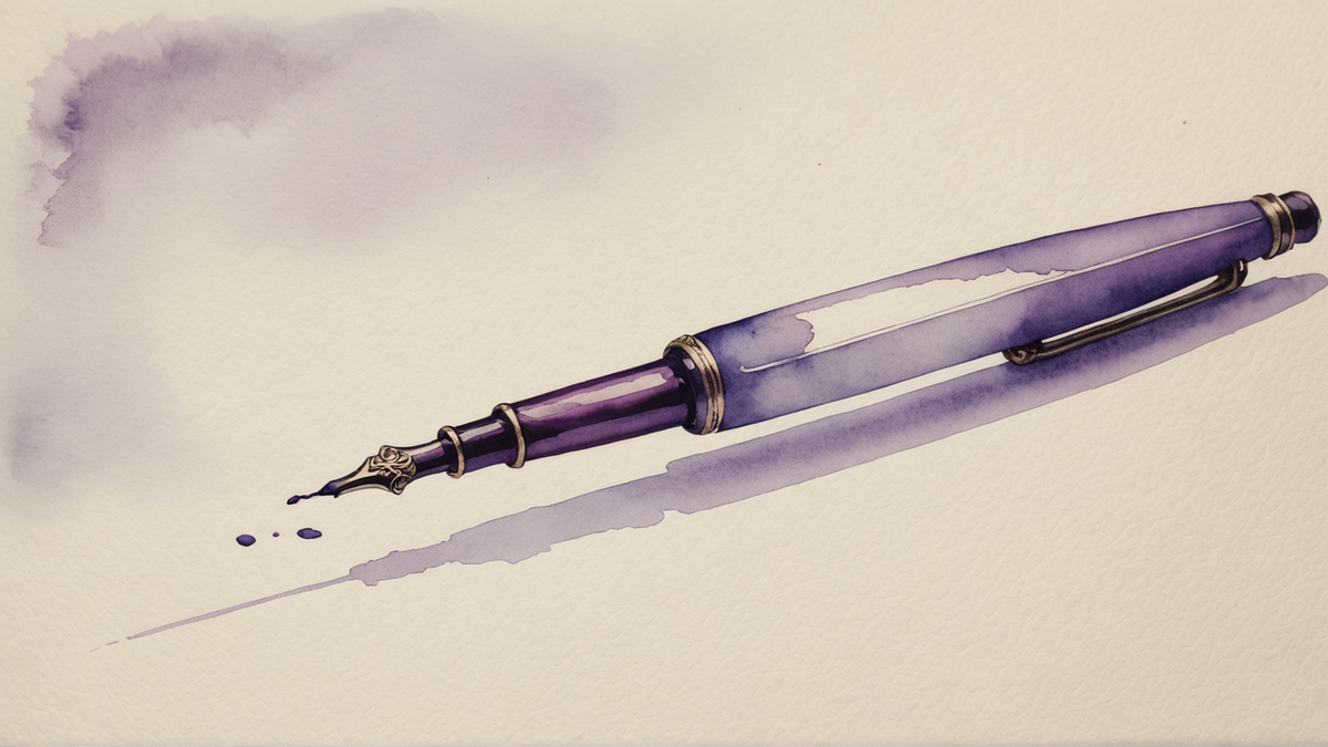 Ilustração em aquarela roxa de uma caneta-tinteiro antiga, deitada na diagonal, com a pena à mostra, sobre papel creme.