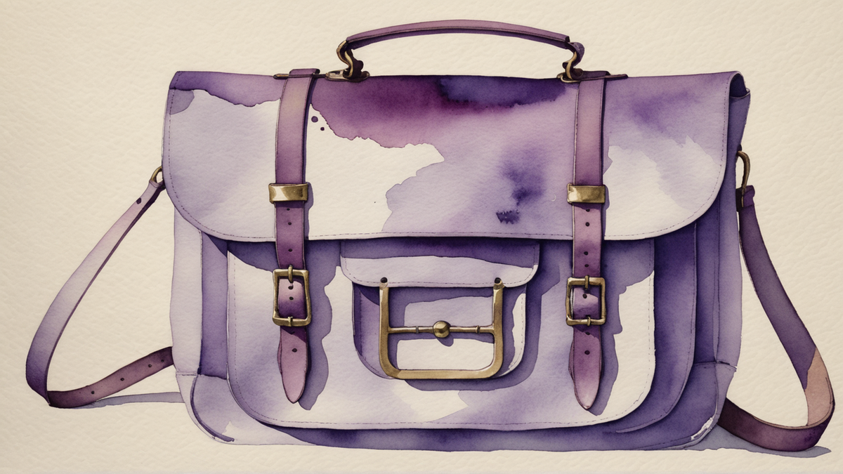Bolsa de lona roxa com aba dobrada, duas fivelas de latão e alça longa, pintada em aquarela sobre papel creme.