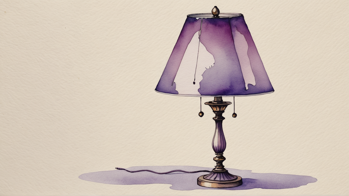 Luminária de mesa apagada, pintada em aquarela: cúpula de tecido roxo, haste articulada de latão, base de esmalte violeta, e o fio solto e desligado sobre o papel.
